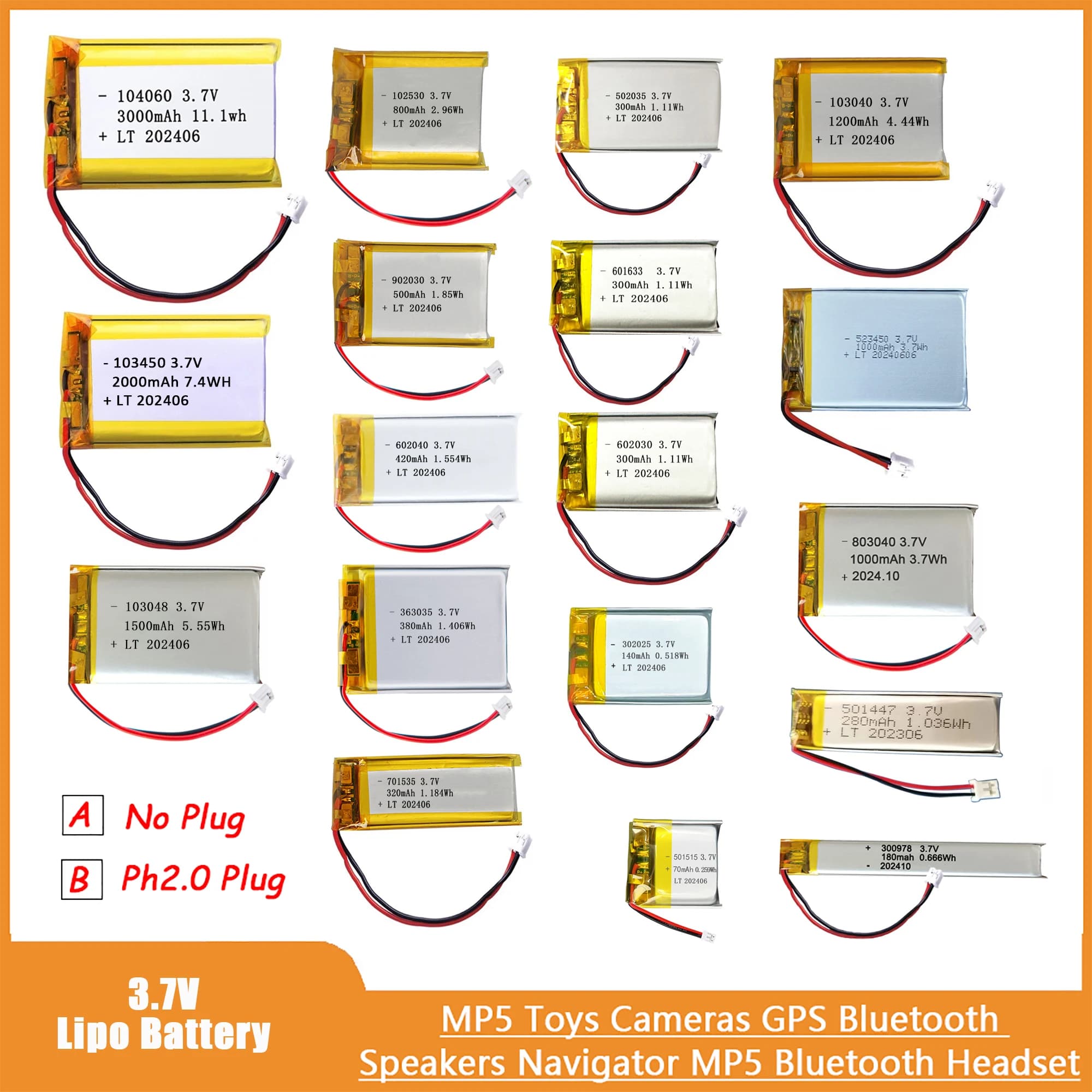 3.7V Lipo 배터리 Ph2.0 플러그 충전식 리튬 배터리 3.7V PS4 가습기 GPS 네비게이션 블루투스 스피커 MP3 MP4