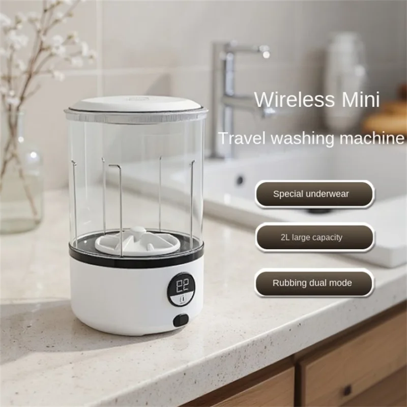 흰색 2L 미니 세탁기, 2000Mah, 완전 자동 휴대용 터빈 LED 세탁 컵, 어린이 의류, 속옷, 팬티, 양말용 컴팩트형