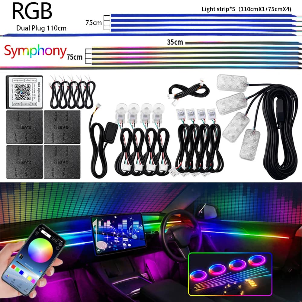 범용 Led 자동차 주변 조명 RGB 64 213 컬러 아크릴 스트립 심포니 스 트리머 인테리어 대시 보드 장식 분위기 램프