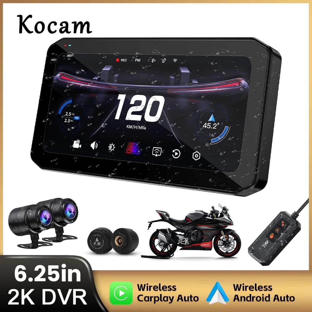 6.25인치 카플레이 오토바이 DVR 네비게이션 GPS 무선 카플레이 안드로이드 오토 2K DVR 드라이브 레코더 모토 모니터 WIFI BSD IPX7
