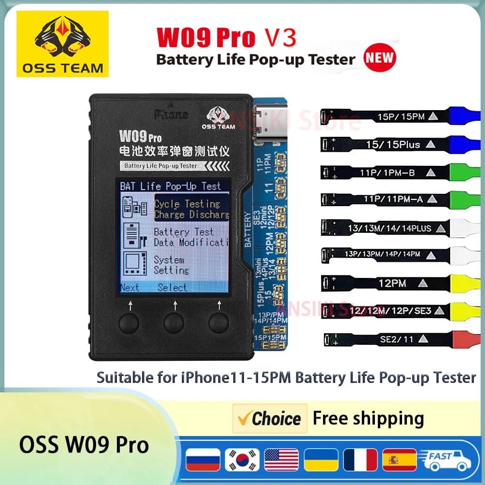 OSS W09 Pro V3 iPhone11-15PM 감지를 위한 배터리 수명 팝업 테스터 배터리 효율성 100% 사이클 건강 데이터 도구 수정
