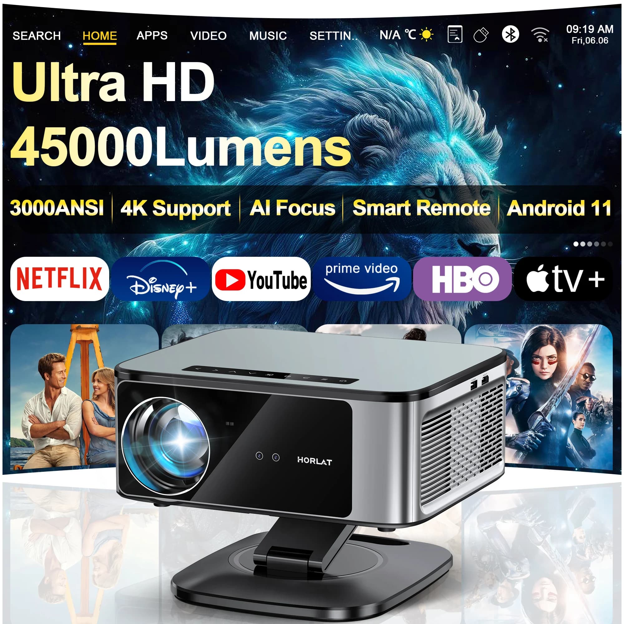 2025 HORLAT 45000 루멘 4K UHD 프로젝터 레이저 TOF 포커스 안드로이드 14 WiFi 6 1080P 풀 HD 주간 시청 가능 홈시어터 영화 프로젝터