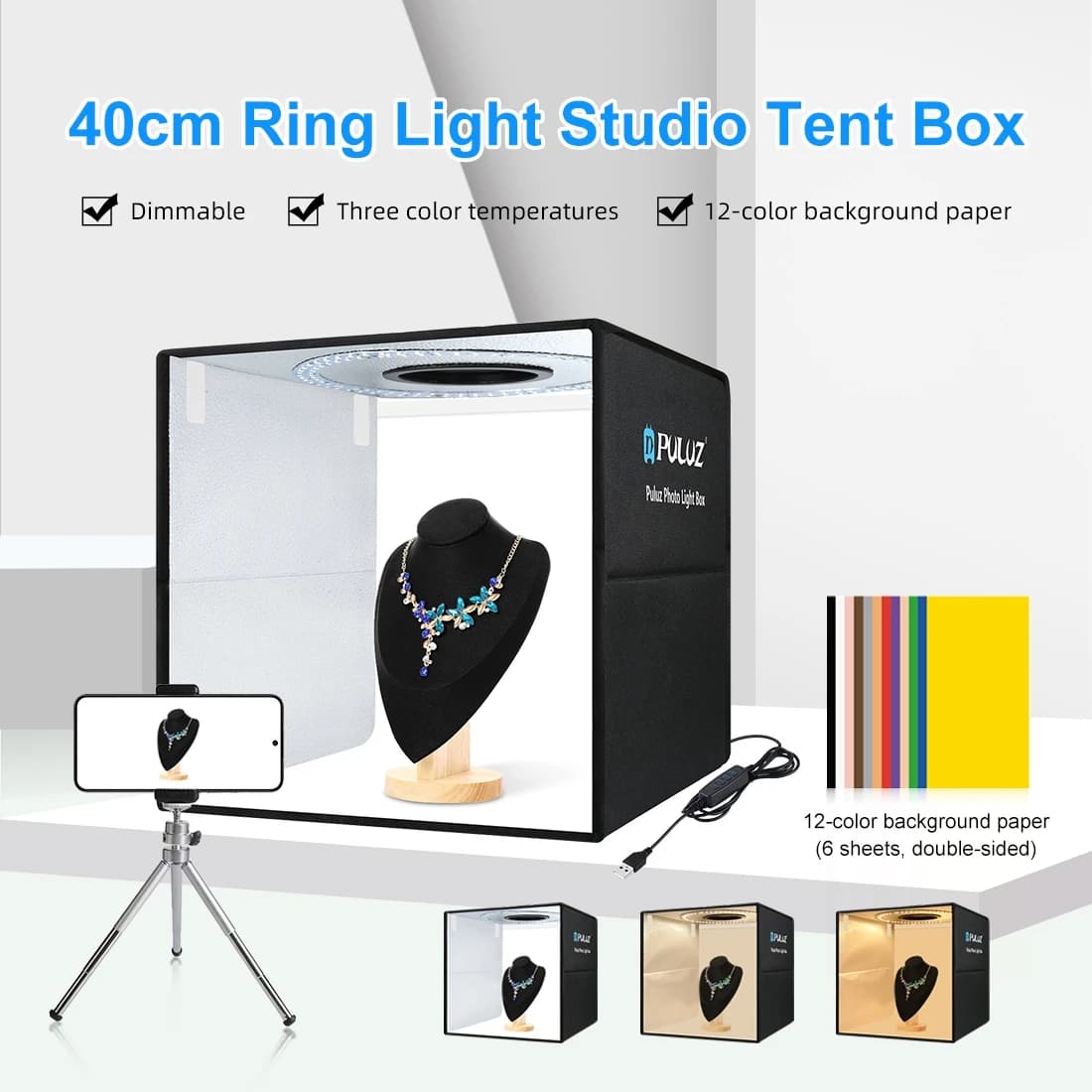 PULUZ 40cm 접이식 휴대용 링 라이트 USB 사진 조명 스튜디오 촬영 텐트 상자 6 x 양면 컬러 배경 사진 상자