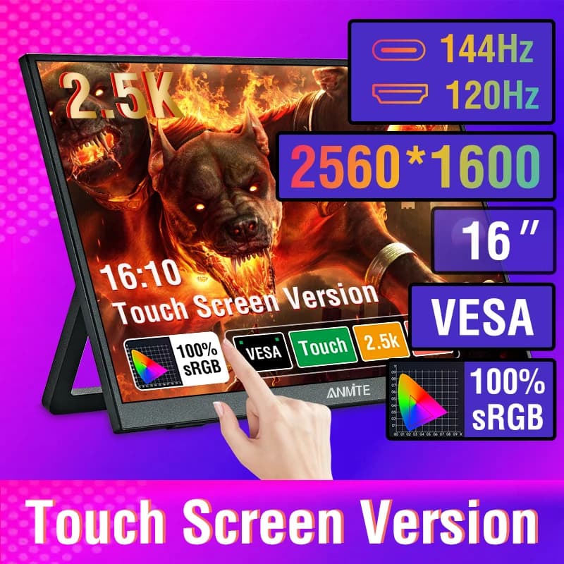 안미트 16인치 2.5K 휴대용 모니터 144Hz/120Hz 1600P HDR 저블루라이트 Xbox PS4/5 스위치 휴대폰 PC 노트북 확장용