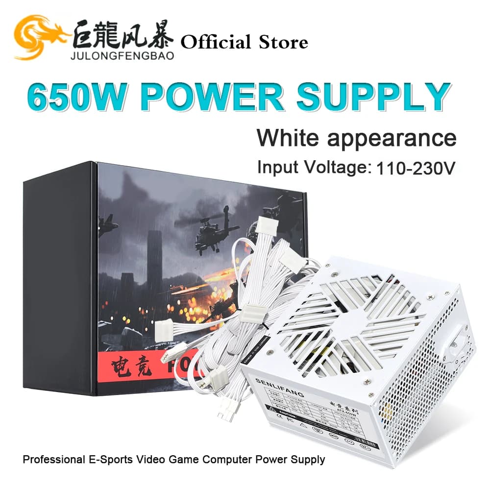 JULONGFENGBAO 흰색 ATX 650W 데스크탑 E-스포츠 비디오 게임 컴퓨터 전원 공급 장치 110-230V 저소음 PSU 최대 피크 값 800W