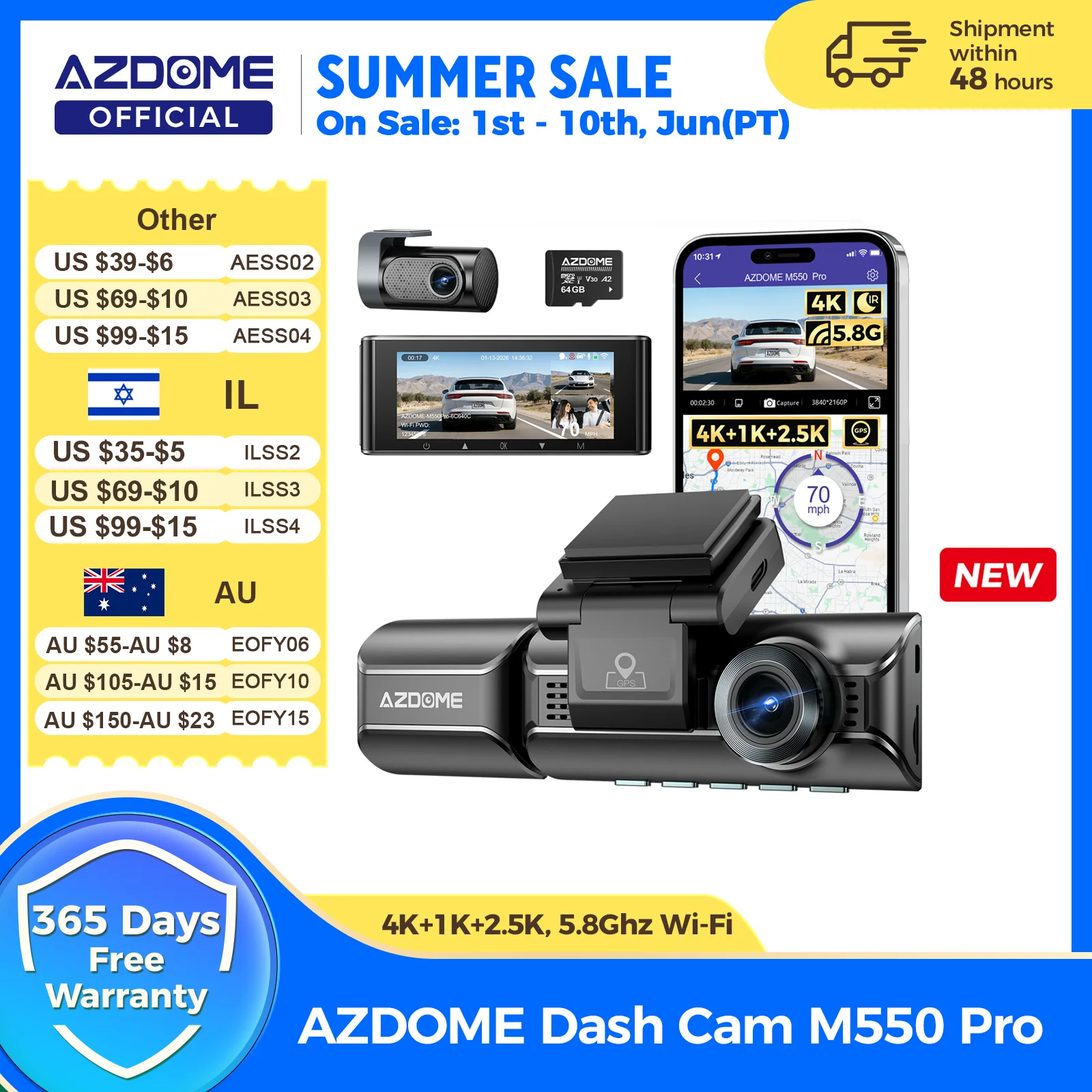 업그레이드 AZDOME M550 프로 대시캠 4K 전방 대시캠 자동차 5.8GHz 와이파이 GPS G-센서 차량용 DVR 6 IR 야간 시야 주차 모니터