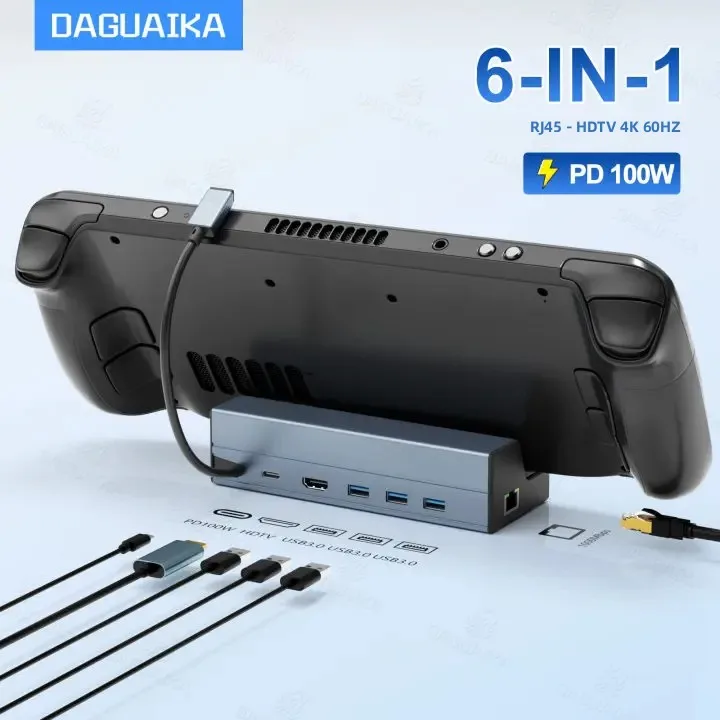 스팀 덱 독 6 in 1 스팀 덱/로그 앨리 2023 도킹 스테이션 스탠드 3*USB 3.0 HDTV 4K@60Hz 기가비트 이더넷 PD 100W 허브
