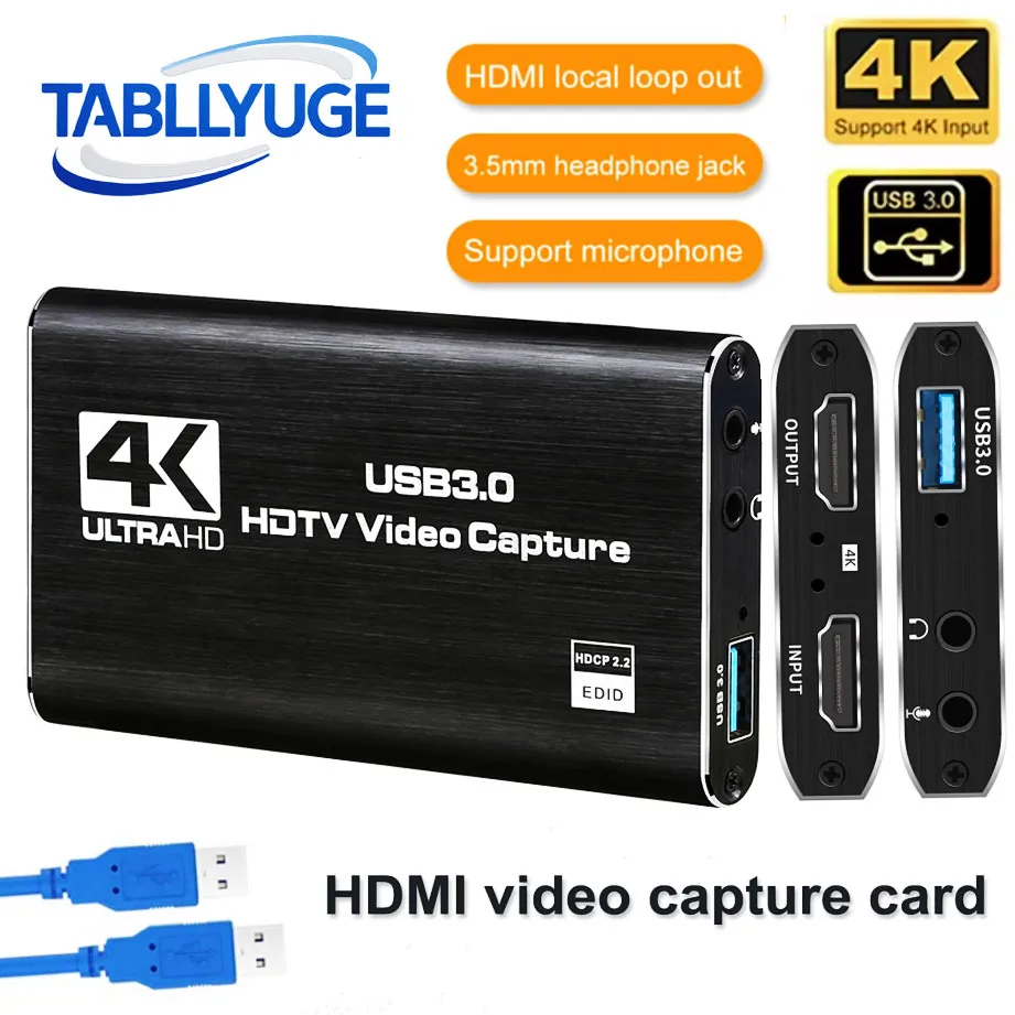 TABLLYUGE 4K USB 3.0 HDTV 비디오 캡처 카드 HDMI 호환 비디오 레코더 그래버 PC PS4 OBS 게임 녹화 게임 오디오 마이크용