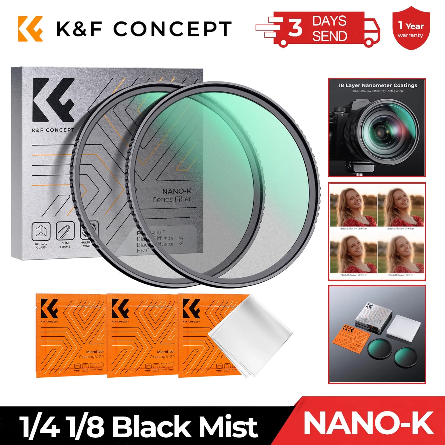 K&F CONCEPT 49-82mm 블랙 미스트 디퓨전 필터 1/4 1/8 멀티 코팅, 니콘 DSLR 렌즈용 (49mm 52mm 58mm 62mm 67mm 77mm 82mm)