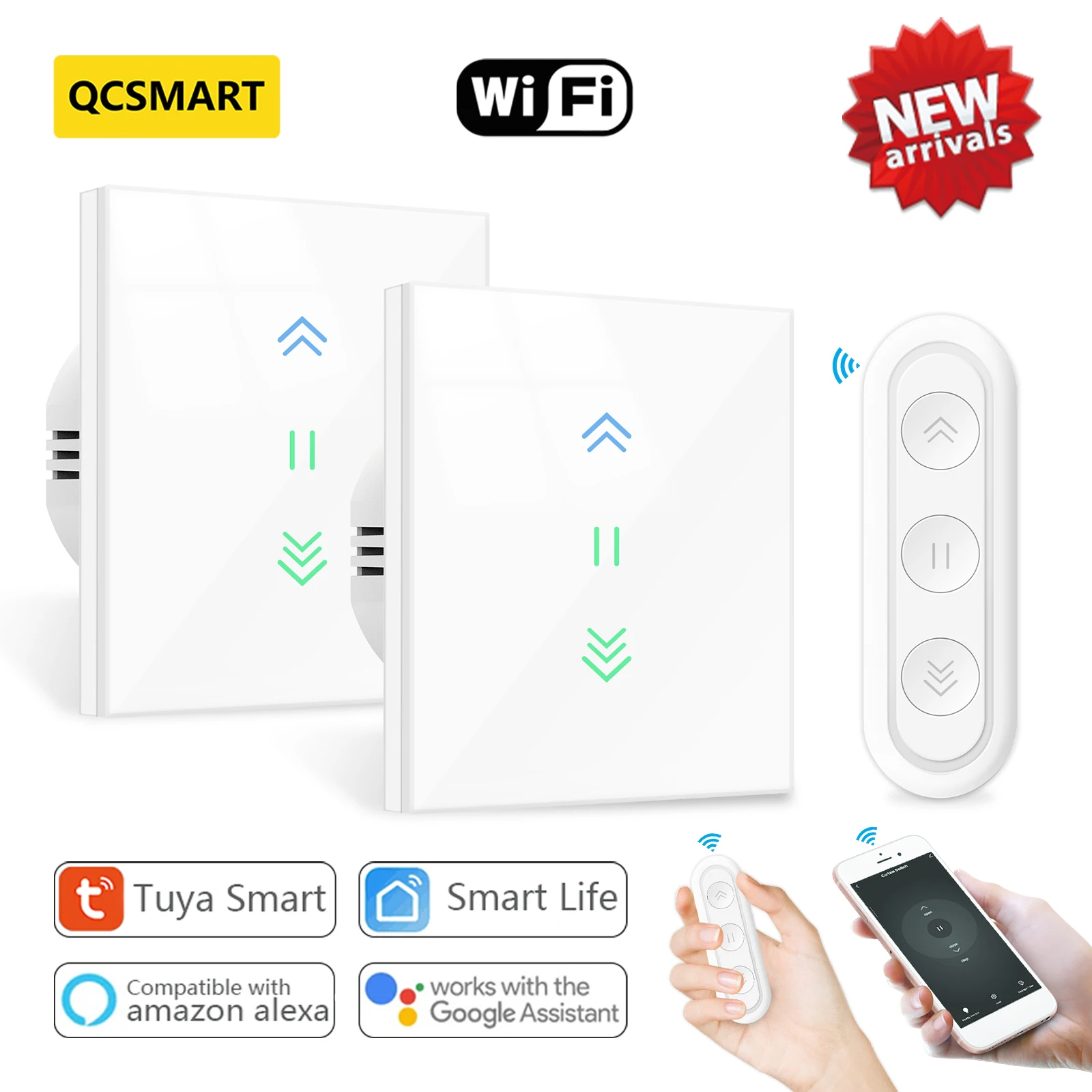 QCSMART 차양 커튼 블라인드 스위치 백라이트 RF 및 WiFi 원격 제어 Tuya 스마트 라이프 앱 Google 홈 Alexa Echo