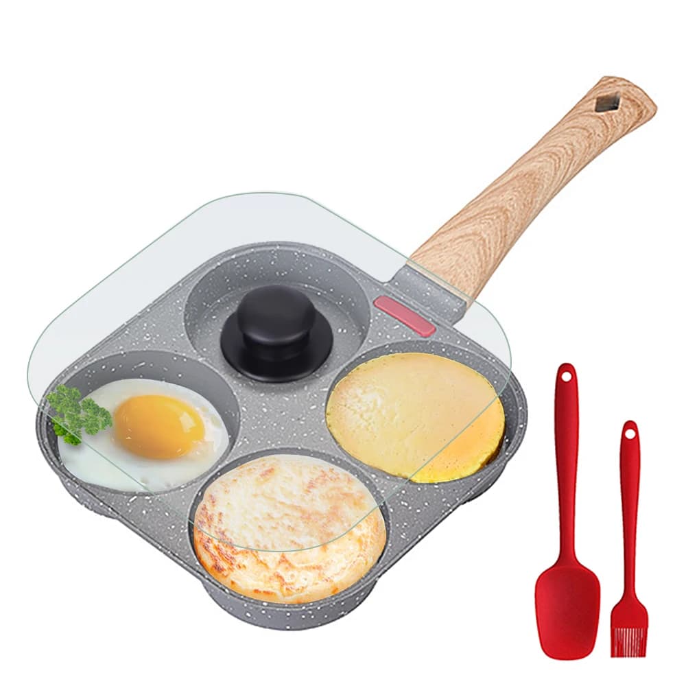 뚜껑이 뒤집힌 논스틱 4 컵 계란 프라이팬, 알루미늄 팬케이크 계란 쿠커, 뒤집개 및 브러시 버거, 오믈렛 요리 팬