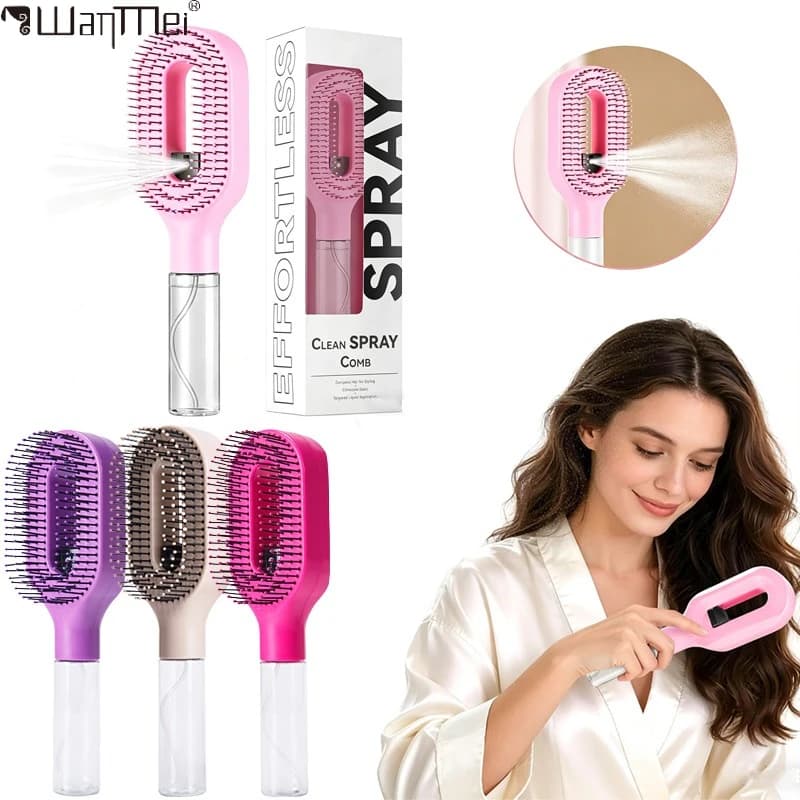 2 in 1 스프레이 헤어 브러쉬, 엉킴 방지 두피 마사지 브러쉬, 물 미스트 스프레이 병 포함, 정전기 방지 헤어 케어 도구, 에센셜 오일