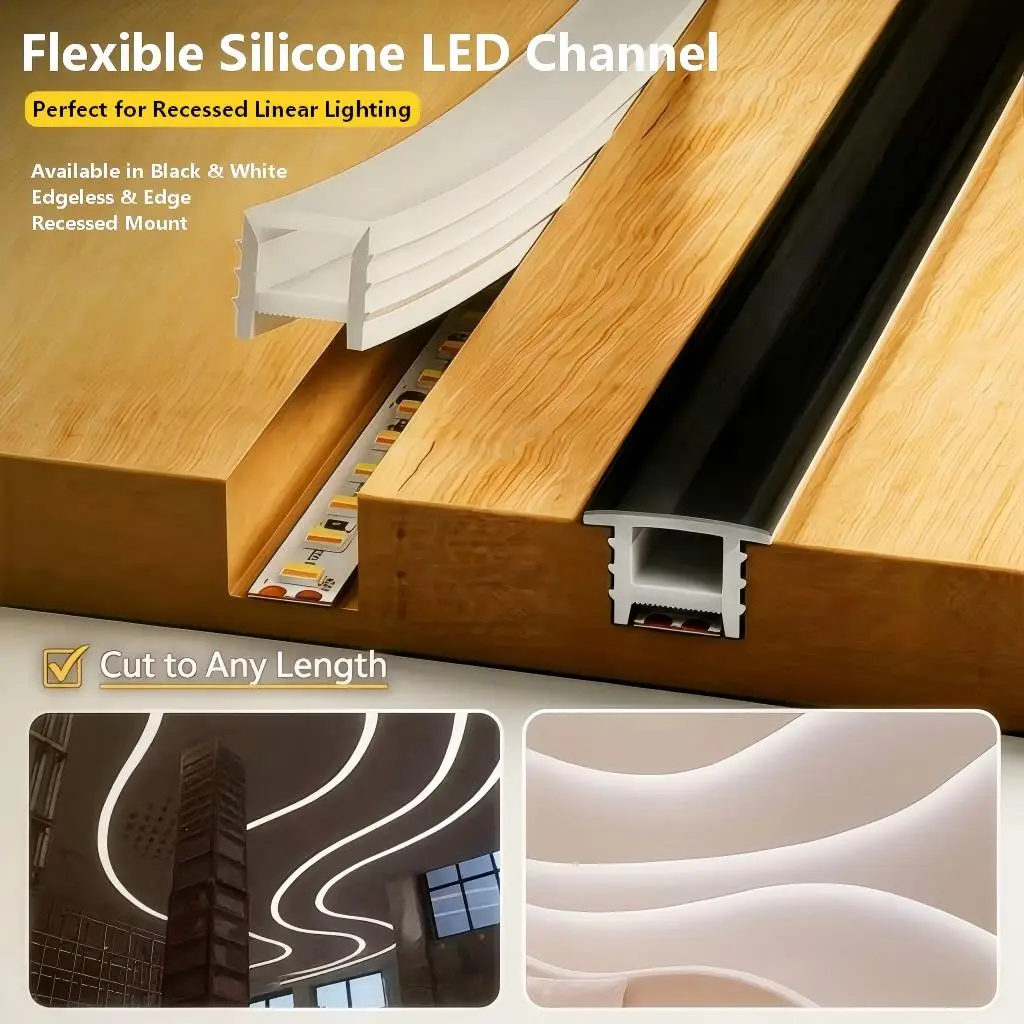유연한 실리콘 LED 채널 프로파일 (디퓨저 내장, LED 스트립 선형 조명용, 플랜지형 또는 엣지리스형, 검정색 또는 흰색)