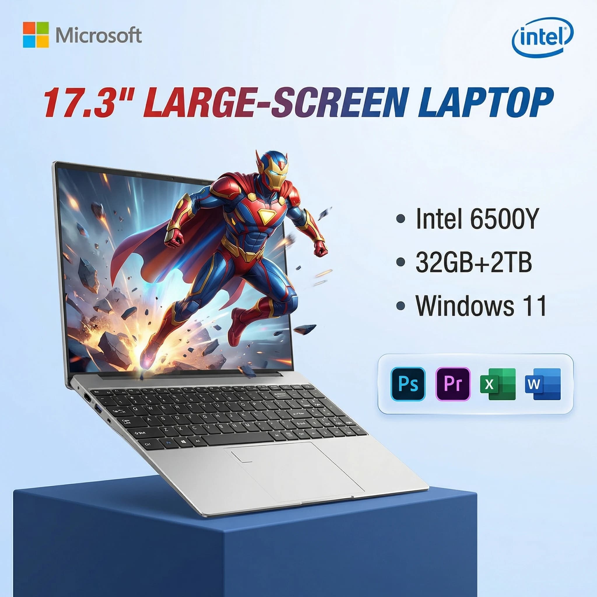 핫 17.3인치 노트북 인텔 펜티엄 6500Y 32GB 1TB/2TB SSD 윈도우 11 대형 화면 지문 잠금 해제 오피스 노트북 컴퓨터 PC