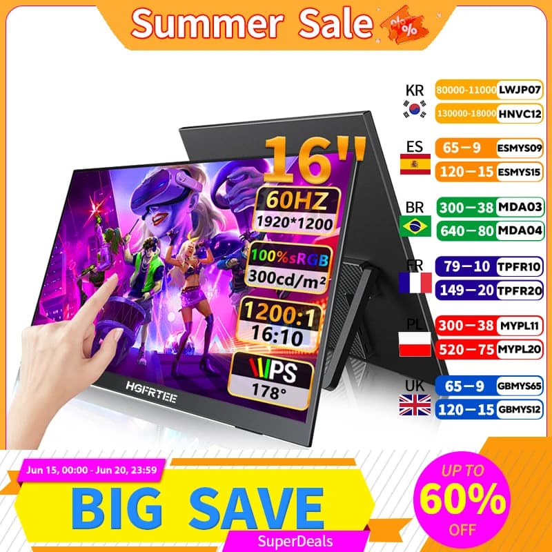 HGFRTEE16인치 FHD 휴대용 터치/비터치 모니터 외부 디스플레이 IPS USB C 미니-HDMI 노트북 맥 PC Xbox PS 스위치용 VESA 지원