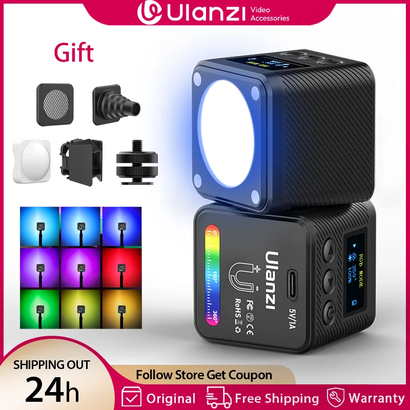 울란지 L2 RGB 미니 COB 비디오 조명 360 ° DSLR 카메라 번개 사진 블로그 라이브용 디퓨저가 포함된 풀 컬러 자기 조명