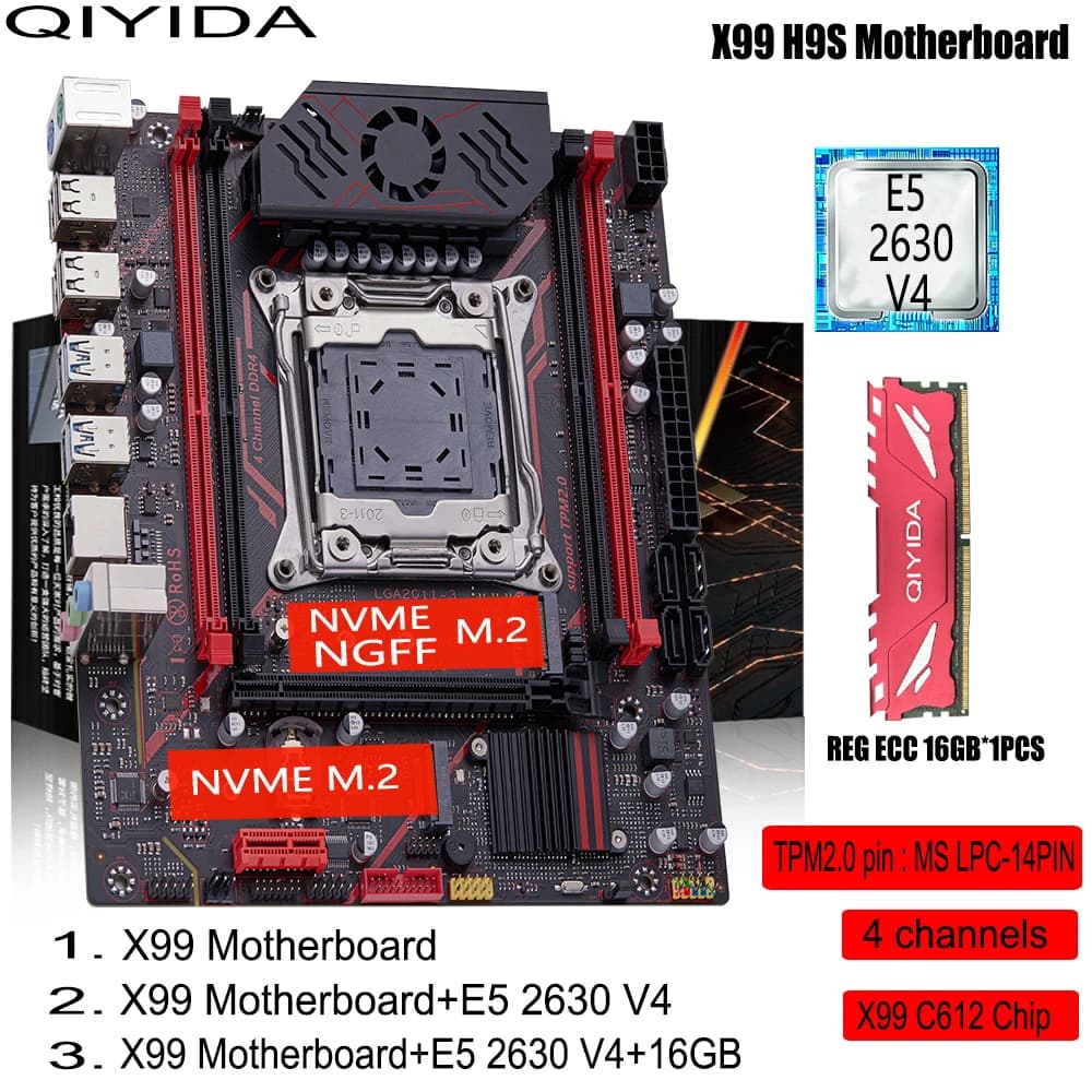 QIYIDA X99 H9S 마더보드 세트 키트 (LGA2011-3 Xeon E5 2630 V4 CPU, DDR4 16GB 메모리, NVME M.2, TPM 2.0 인터페이스, SATA3 포함)