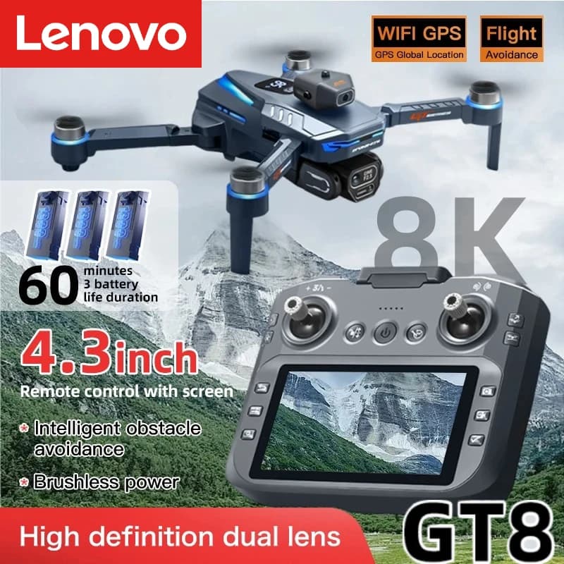레노버 GT8 드론 8K 프로페셔널 듀얼 카메라 GPS FPV 브러시리스 모터 옵티컬 플로우 호버링 접이식 쿼드콥터 4K RC 드론 장난감