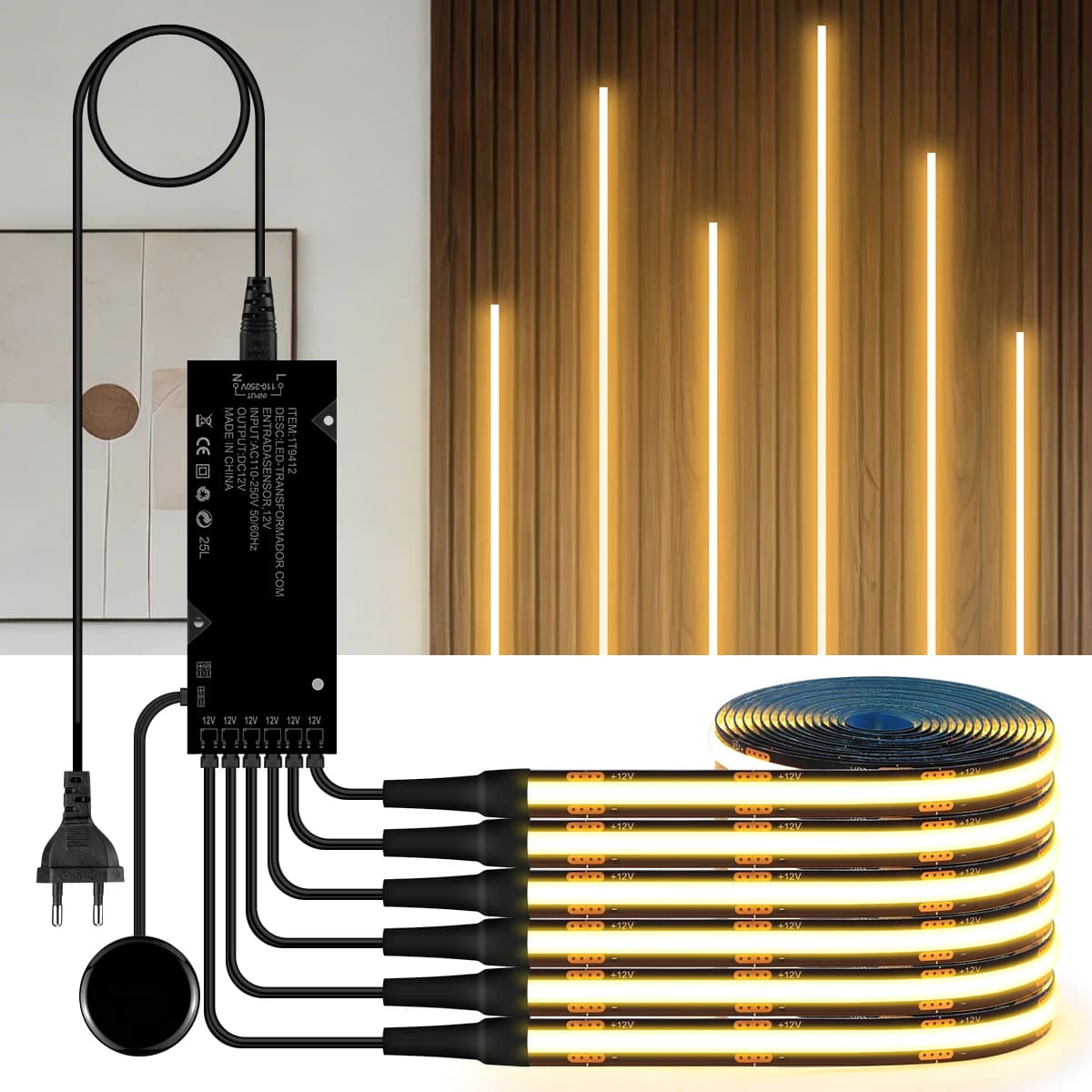 터치 조광 가능한 블랙 PCB LED 스트립 라이트 COB 테이프 월넛 어쿠스틱 우드 슬랫 그릴 TV 배경 벽 패널 및 캐비닛 장식용
