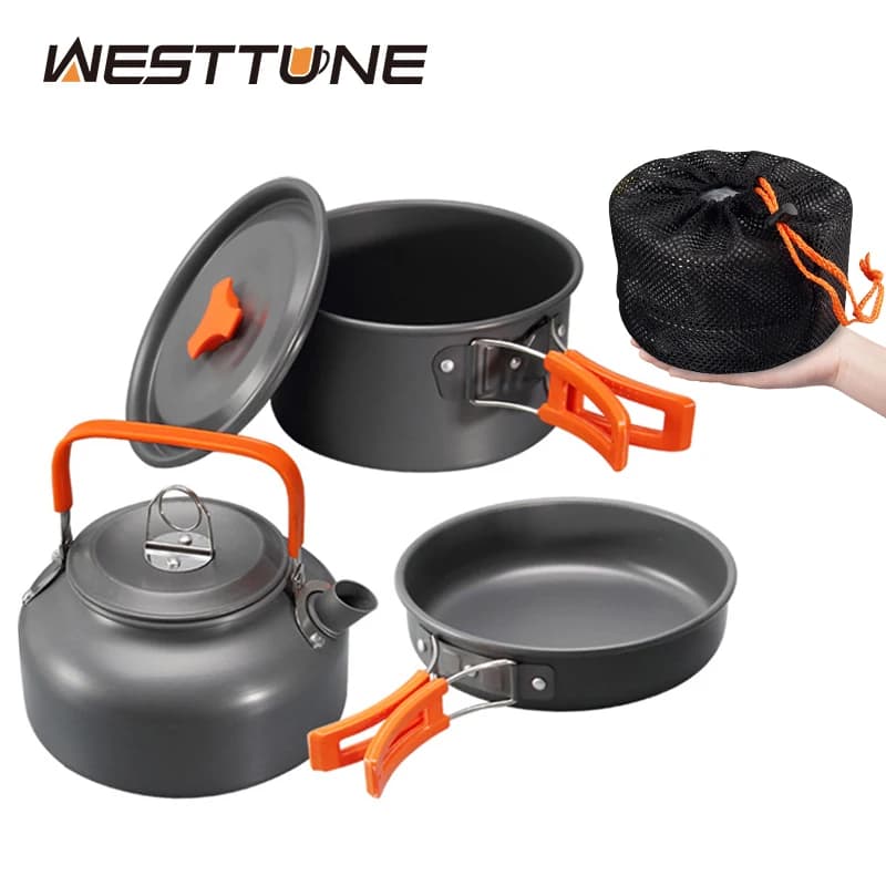 WESTTUNE 캠핑 조리기구 키트 알루미늄 야외 휴대용 요리 세트 캠핑 식기 하이킹 피크닉을위한 냄비 팬 주전자 3pcs