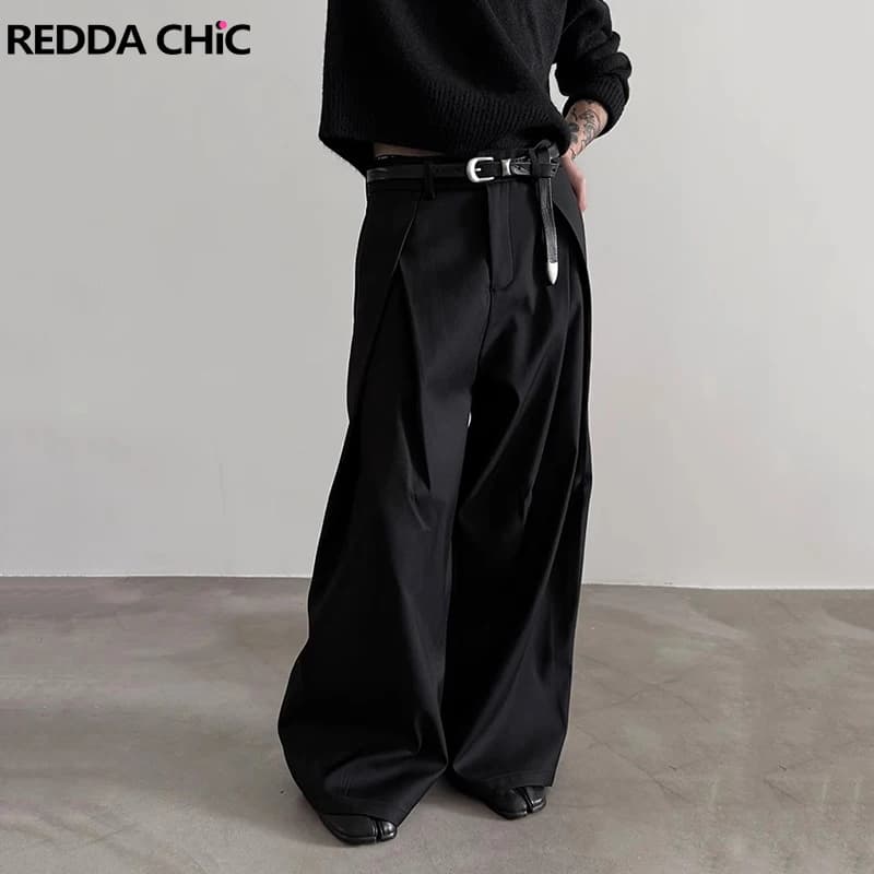 REDDACHIC 남성용 플리츠 프론트 와이드 레그 팬츠, 클린핏 블랙 솔리드 로우 웨이스트 드레스 바지, 유니섹스 오피스 워크 캐주얼 의류