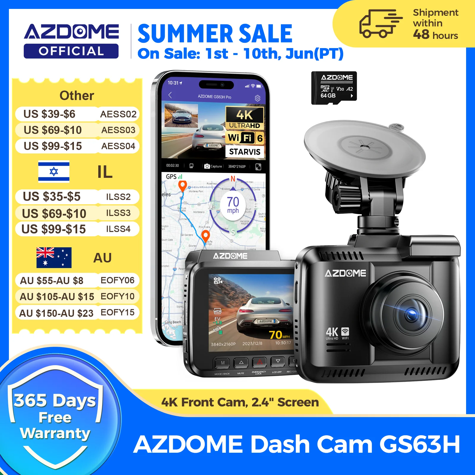 AZDOME 대시캠 GS63H 4K 내장 GPS Wi-Fi 대시카 카메라 스타비스 2.4인치 화면 WDR 야간 시야 자동차 DVR 주차 모니터