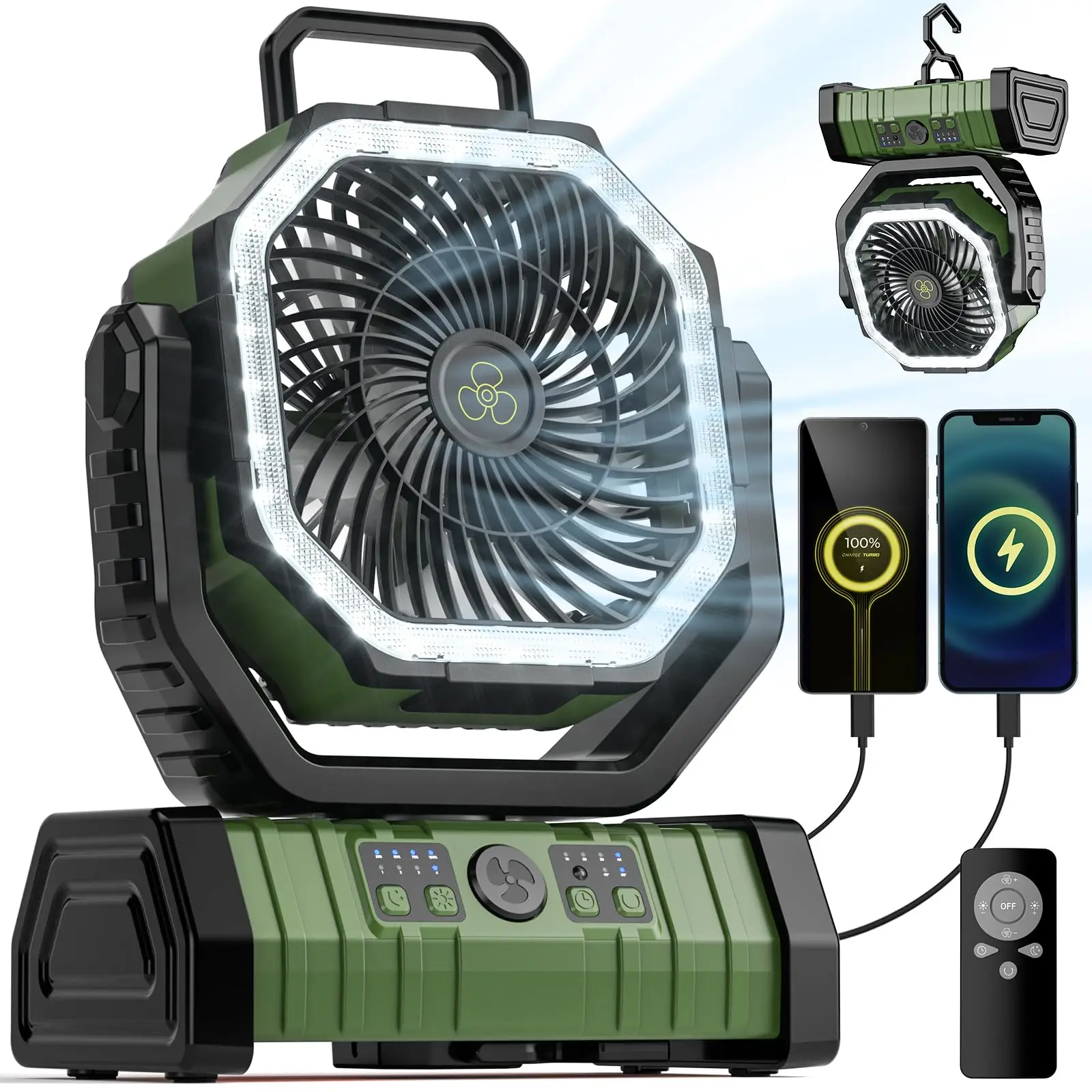 캠핑 팬 20000mAh 배터리 구동 팬 LED 조명으로 충전식 후크가 있는 휴대용 야외 텐트 팬 4 속도 바람