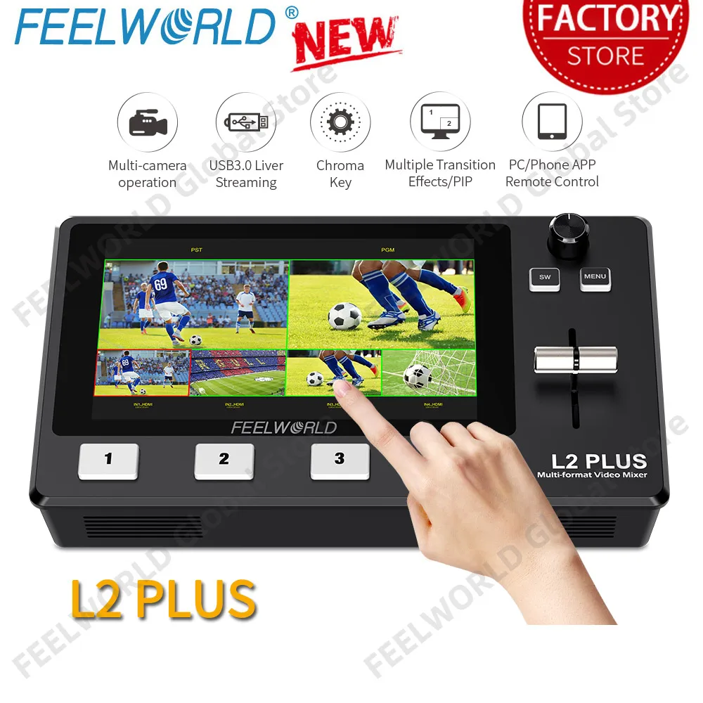 Do Brasil FEELWORLD L2 PLUS 멀티 카메라 비디오 믹서 스위처, 5.5 인치 터치 스크린 크로마 키, 라이브 스트리밍용 USB3.0
