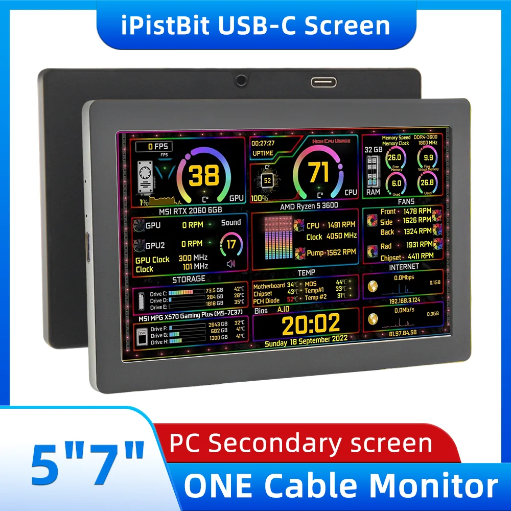 5/7 인치 IPS Type-C 보조 화면 동적 1024x600 LCD 디스플레이 CPU GPU RAM 모니터링 지원 수직 자유롭게 AIDA64