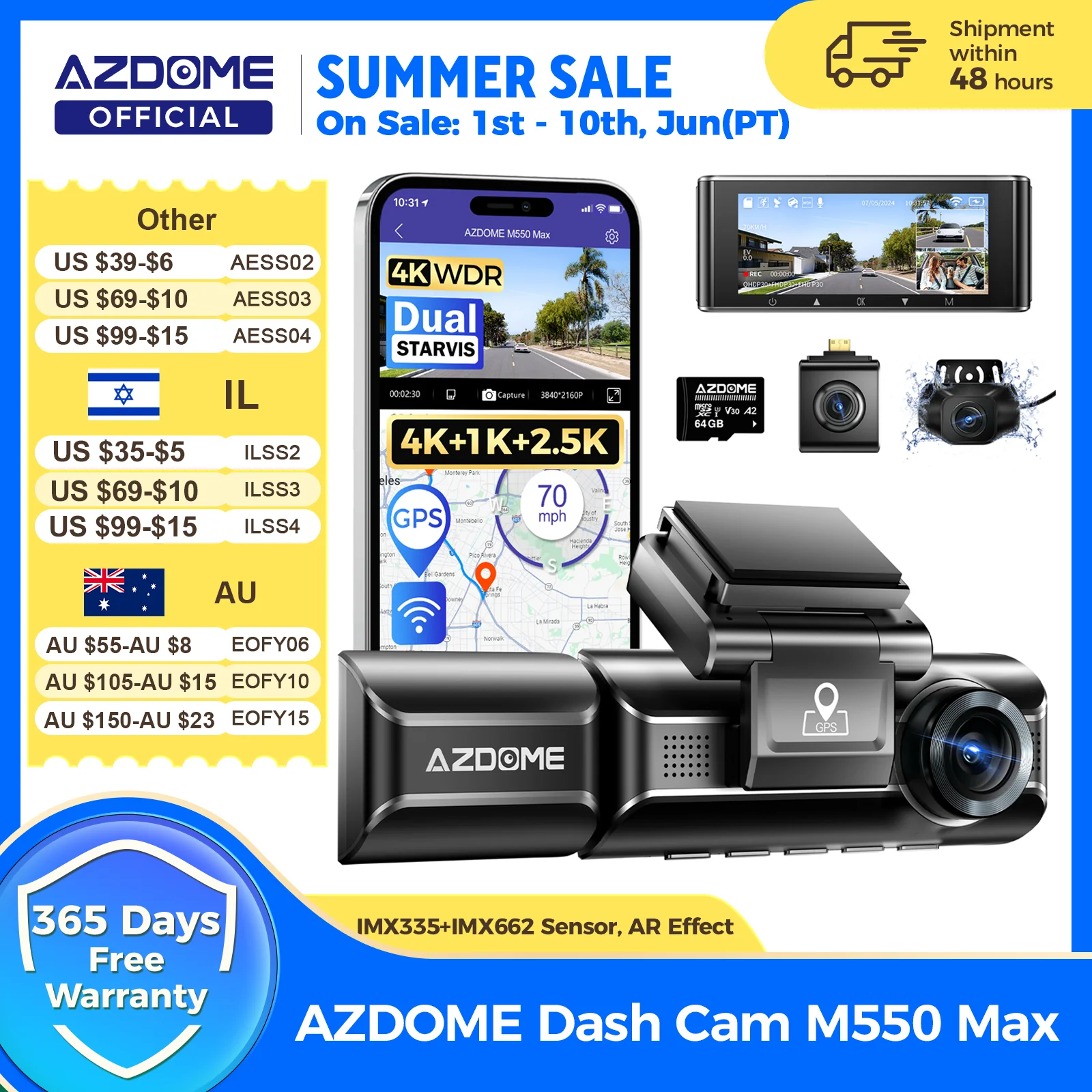AZDOME 4K 대시 캠 M550 Max 내장 GPS Wifi 카메라 자동차 DVR 3.18" 화면 야간 투시경 24H 주차 모니터 지원 후면 캠