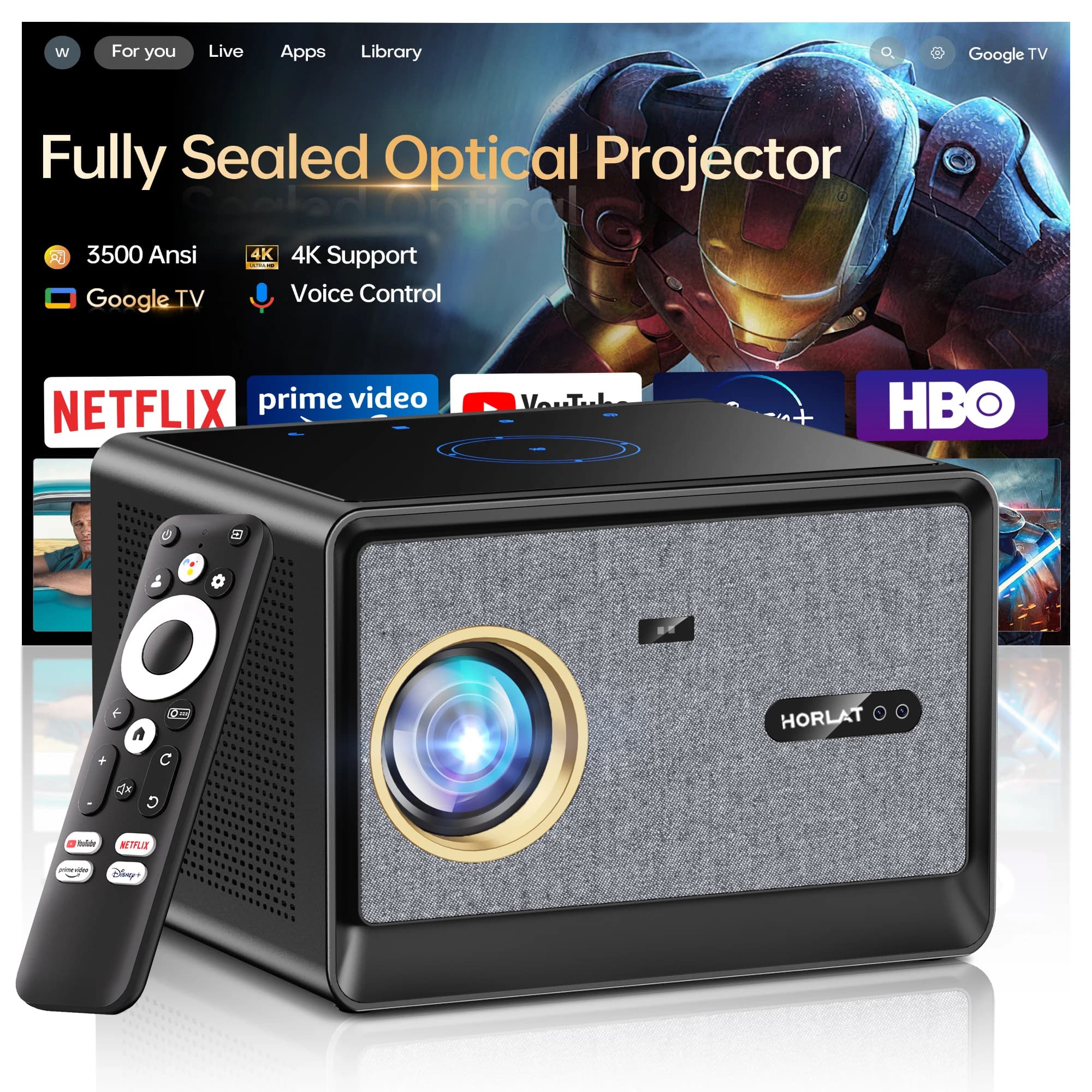 HORLAT 50000루멘 구글 TV 프로젝터 완전 밀폐형 광학 빔프로젝터 4K 스마트 홈시어터 영화 프로젝터 WiFi 6 음성 어시스턴트