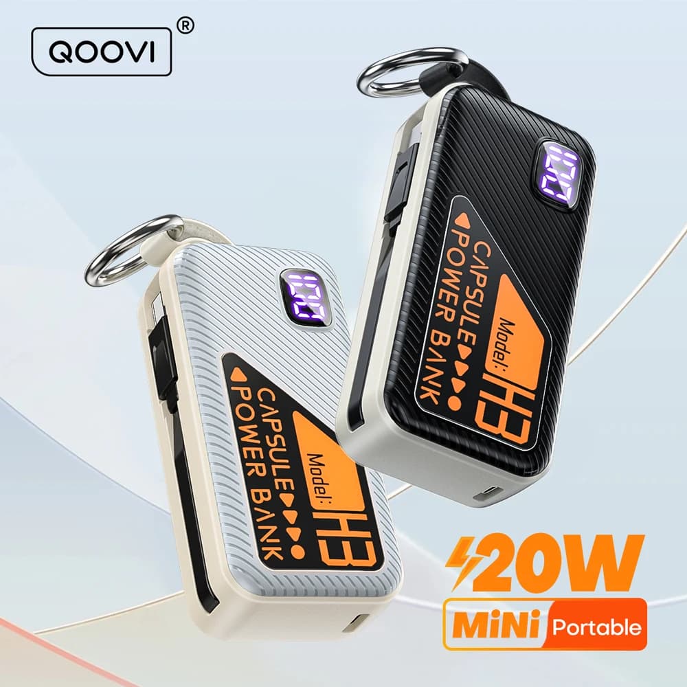 QOOVI 미니 보조베터리 5000mah 내장 케이블 PD 20W 휴대용 충전기 iPhone 15 용 고속 충전 Samsung Xiaomi 외장 배터리