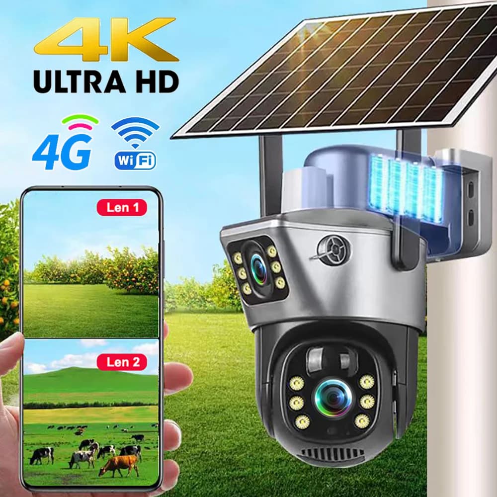 4G/WiFi 태양광 카메라 듀얼 렌즈 야외용 8MP 4K 저전력 배터리 IP 카메라 PIR 야간 투시 V380 Pro CCTV 보안 보호