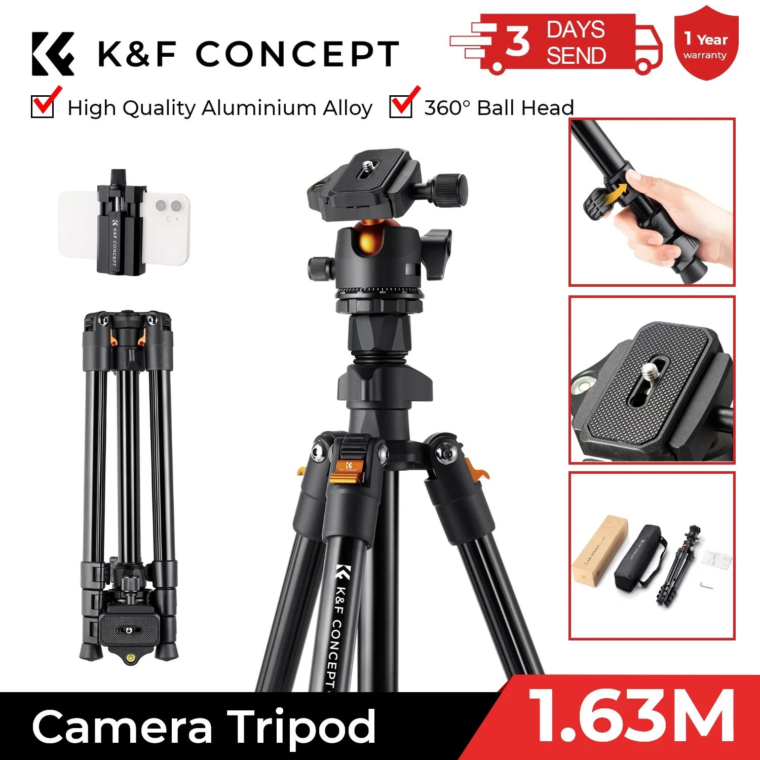 K&F CONCEPT 휴대용 카메라 여행용 삼각대 360도 볼 헤드가 있는 유연한 Vlog 삼각대 캐논 니콘 소니 DSLR용 퀵 릴리스