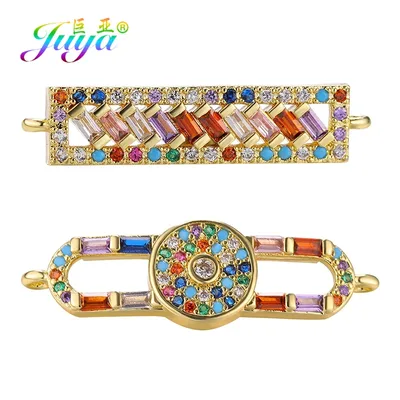 Juya DIY 레인보우 지르코니아 18K 골드 도금 크리 에이 티브 럭셔리 참 커넥터 액세서리 수제 참 팔찌 만들기