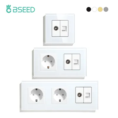 BSEED 단일 TV CAT5 인터넷 소켓 이중 EU 전원 소켓 RJ45 텔레비전 벽 소켓 유리 프레임이있는 트리플 독일