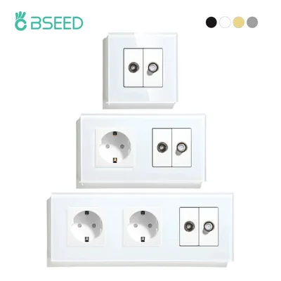 BSEED EU 표준 벽 전원 소켓 TV 위성 포트 16A 콘센트 플러그 안테나 텔레비전 크리스탈 유리 패널 250V
