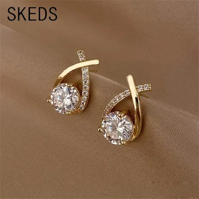 SKEDS 여성용 패션 크로스 스터드 귀걸이 한국 스타일 우아한 크리스탈 쥬얼리 귀걸이 피쉬테일 레이디 귀걸이 선물