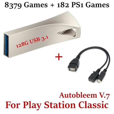 PlayStation Classic 8379 게임용 128GB 플래시 드라이브 U 디스크 + 182 PS1 게임 마이크로 USB OTG 케이블로 플러그 앤 플레이