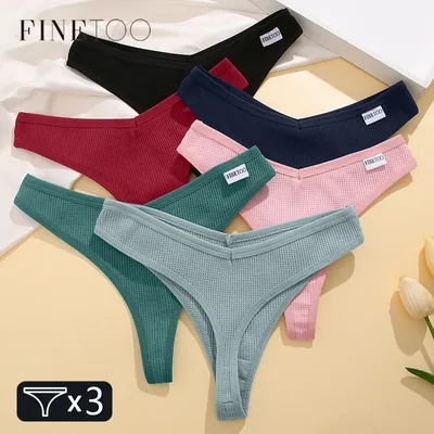 FINETOO 여성용 코튼 끈 팬티 3Pcs 편안한 와플 g-문자열 여성 저층 T 백 속옷 S-XL 비키니 속옷 이너웨어
