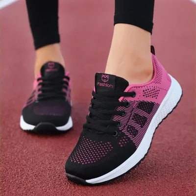 여성 캐주얼 신발 통기성 워킹 메쉬 레이스 업 플랫 슈즈 스니커즈 여성 Tenis Feminino 핑크 블랙 화이트