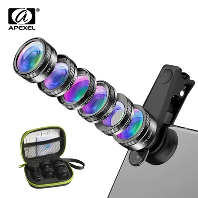APEXEL Universal 6 in 1 전화 카메라 렌즈 키트 피쉬 아이 렌즈 광각 매크로 렌즈 CPL/StarND32 필터 거의 모든 스마트 폰용