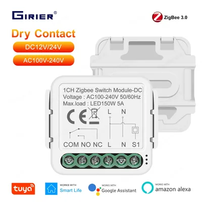 GIRIER 스마트 지그비 스위치 모듈 드라이 콘택트 5A 범용 차단기 릴레이 DC 12/24V AC 100-240V Alexa Hey Google과 호환 가능
