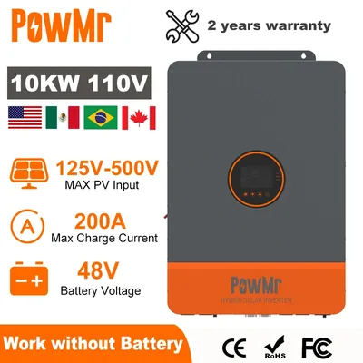 PowMr 10KW 분할 위상 인버터 48V 110V 220V 하이브리드 태양광 인버터 MPPT 200A 태양열 충전기가 있는 그리드에서 듀얼 MPPT 듀얼 출력