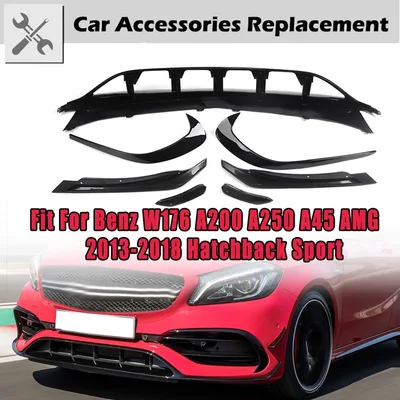 벤츠 A클래스 W176 A200 A250 A45 AMG 스포츠 2016 2017 2018용 7피스 글로시 블랙 프론트 범퍼 립 스포일러 카나드 벤트