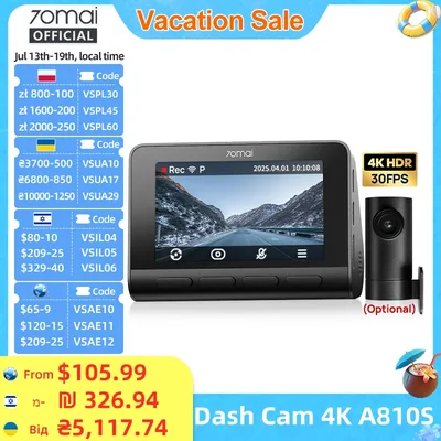 70mai 대시캠 4K A810S HDR IMX678 슈퍼커패시터 4G LTE 원격 제어 Wi-Fi 6 음성 제어 GPS ADAS 차량용 카메라 70mai A810S