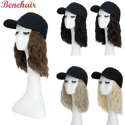 여성용 Benehair 모자 가발 8 인치 웨이브 야구 모자 가발 곱슬 머리 확장 가발 합성 웨이브 가발 모자 조정 가능한 브라운