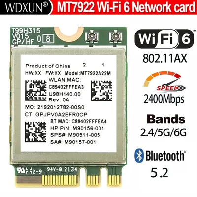 WiFi6E MT7922 MT7922A22M 2400Mbps Wifi 카드 2.4/5/6G Bluetooth 5.2 BT5.2 무선 어댑터 무선 카드 2400M M.2 NGFF
