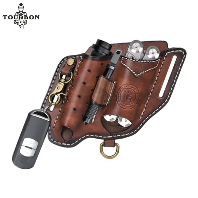 Tourbon 가죽 EDC 포켓 정리함 접이식 나이프 손전등 거치대 미니 나이프 파우치 키 체인, 멀티툴 EDC 캐리어