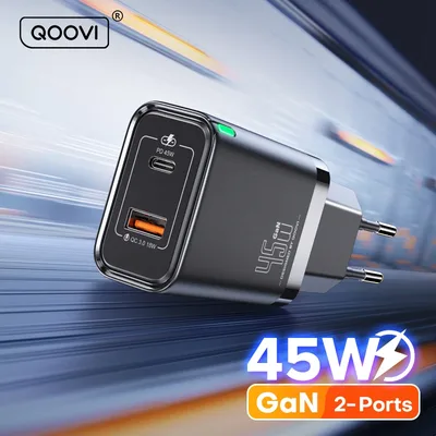 QOOVI GaN 고속 충전 USB C 타입 벽 충전기, PD QC3.0 고속 충전, 아이폰 삼성 S23 S21 노트북 태블릿용, 45W